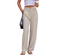 Fakanhui Women's Linen Dressy Work Casual Pants Summer Business Straight Wide Leg Cotton Linen Trouser Pants, Natural Linen, Small Long