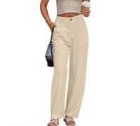 Fakanhui Women's Linen Dressy Work Casual Pants Summer Business Straight Wide Leg Cotton Linen Trouser Pants, Beige, XXL