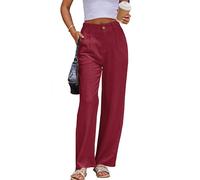 Fakanhui Women's Linen Dressy Work Casual Pants Summer Business Straight Wide Leg Cotton Linen Trouser Pants, Red Dark, Large