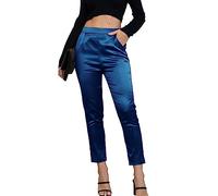 Fakanhui Women's Satin Silky Dress Casual Elastic High Waist Stretch Elegant Pants Trousers, C03 Blue Chic, Small Long