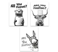 Fakcrkun 3 Pcs Funny Bathroom Wall Art, Black and White Animal Bathroom Prints, Rustic Highland Cow Donkey Otter Head on Tissue Paper Canvas for Bathroom Toilet Decor, 8×10In, Unframed