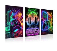 Fakcrkun 3 Pcs Gaming Wall Art, Cool Video Game Art Prints, Colorful Neon Gaming Wallpaper, Gamepad Canvas Wall Art for Boys Kids Bedroom Home Decoration (Unframed, 12x16inches)