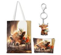 Fakcrkun 3Pcs Highland Cow Tote Bag Set, Highland Cow Makeup Bag with Keyring, Highland Cow Gifts for Women Girls Birthday Christmas Graduation