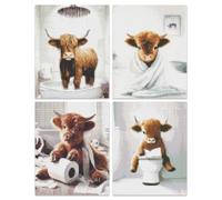 Fakcrkun 4 Pack Highland Cow Farm Diamond Painting Kits, Funny Animal Diamond Art for Beginners, DIY Gem Art Sets with Tools for Home Wall Decor, 10x14 Inch