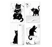 Fakcrkun 4 Pcs Funny Cat Bathroom Wall Art, Black Cat Canvas Posters, Humorous Bathroom Decor, Black and White Animal Wall Prints for Toilet, Unframed 8x10 Inch