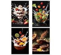 Fakcrkun 4PCS Kitchen Poster Wall Decor, Kitchen Canvas Wall Art, Fruit, Vegetable, Ice Cream and Spice Cooking Picture Print, Vintage Kitchen Wall Art for Home Kitchen Decor, 12X8In, Unframed