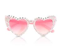 Fakcrkun Birthday Glasses, Pink Heart Birthday Queen Sunglasses, Shiny Rhinestone Pearl Birthday Sunglasses for Women Girls Birthday Party Supplies