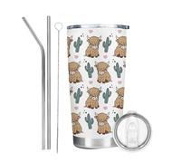 Fakcrkun Cactus Highland Cow Stainless Steel Vacuum Coffee Cup, 20oz Personalized Travel Mug with Straws and Brush, Insulated Coffee Cup & Wine Tumbler, Highland Cow Gifts for Women Men