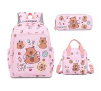 Fakcrkun Capybara School Bag, 3 Pcs Capybara Backpack with Lunch Box and Pencil Case, Large Capacity Waterproof Rucksack for Kids Student Teenagers (Pink)