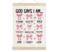 Fakcrkun God Says I Am Christian Poster Hanger Frame, Inspirational Bible Verses Wall Decor, Coquette Pink Bow Positive Wall Art for Women Girls Bedroom Bathroom Decor