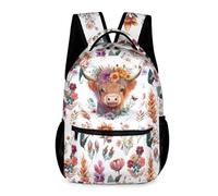 Fakcrkun Highland Cow Kids Backpack, Watercolor Floral Highland Cow School Bags with Mesh Pocket for Boys Girls, Lightweight Foldable Water Resistant Bookbag for School Gym Travel Daily Use