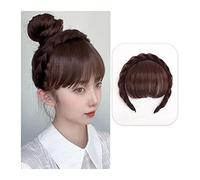 Fake Bangs Front Hair Bangs Wig Fringe Hair Extensions Synthetic Fake Neat Bangs Wigs with Double Row Braids Headband Hair Accessories for Women Girls Bangs Hair Clip Extensions(Dark brown)