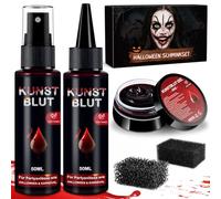 Fake Blood Halloween Makeup Kit - Realistic Washable Special Effects SFX Makeup Coagulated Blood + Dripping Blood+ Spray+ Sponges For Face Mouth Clothes Dress Up Stage Zombie Vampire Monster Cosplay