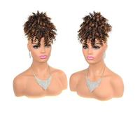 Fake Bun Afro Puff Bun with Bangs Short Kinky Curly Hair Chignons Synthetic Drawstring Ponytail Extention Women(Natural Black to Light Auburn)