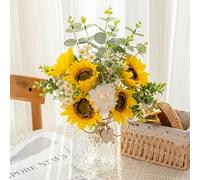 Fake Flowers with Vase - Silk Artificial Sunflower and White Dahlia Arrangement in Vase Suitable for Home Spring Decor Office Decoration, Dining Coffee Table Centerpiece Kitchen Bathroom