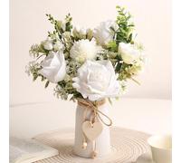 Fake Flowers with Vase, Silk Roses Daisy Artificial Flowers, Faux Eucalyptus Arrangement for Home Decor, Dining Table Centerpiece, Living Room Coffee Table Silk Flower Bouquet (White & Green)