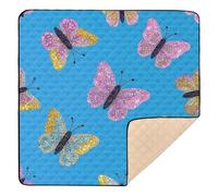Fake Glitter Cartoon Butterfly Blue Cute Foldable Baby Gym & Activity Mat for Indoor Outdoor Cozy Breathable Padded Baby Mat for Baby Toddler Infant, 50'' x 50''