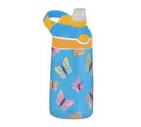 Fake Glitter Cartoon Butterfly Blue Water Bottle with Straw Wide Mouth Leakproof 16oz Cup for Sport Gym Outdoor Travel School termo de Cafe Caliente
