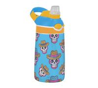 Fake Glitter Cartoon Cowboy Skull Blue Sports Water Bottle with Straw Lid Leak Proof Toddler Cup for School Boys Girls Botella de agua