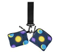 Fake Glitter Cartoon Universe Sun Moon Women's Coin Wallet Card Holder Slim Detachable Zipper Purse Wallet with Wristlet Strap for Ladies 2 Pcs, Fake Glitter cartoon universe sun moon, One Size, Print