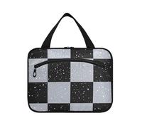 Fake Glitter Checkerboard Squares White Black Hanging Makeup Bag for Women with Hook, Designer Waterproof Bag for toiletries for mom Bathroom bolso de maquillaje para Mujer L