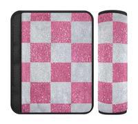 Fake Glitter Checkerboard Squares White Pink 2 pcs Shoulder pad More Comfort Driving for Most Cars funda para cinturón de carro