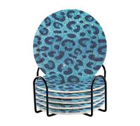 Fake Glitter Leopard Print Blue Drink Coasters Absorbent with Holder Set of 6 Coasters for Drinks Outside Coasters