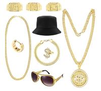 Fake Gold Chain, 90's Fancy Dress Fake Rings, Etc for Various Themed Parties Such as Halloween, Featuring Hip-Hop Elements, Suitable for Both Men and Women (10Pcs Set)