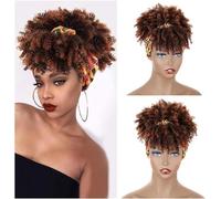 Fake Hair Bun,Hairpiece Hair,Ponytail Synthetic Kinky Curly Chignon with Bangs Short Drawstring Ponytail Extension for Women Afro High Puff Synthetic Hair Bun Hairpieces Ponytails 1pcs(001)