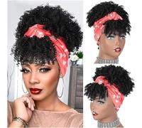 Fake Hair Bun,Hairpiece Hair,Ponytail Synthetic Kinky Curly Chignon with Bangs Short Drawstring Ponytail Extension for Women Afro High Puff Synthetic Hair Bun Hairpieces Ponytails 1pcs(005)