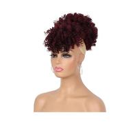 fake hair bun Synthetic Short Kinky Curly Drawstring Ponytail with Bangs, Clip in Afro High Puff Hair Bun Hairpiece Hair Accessories(1BT99J)