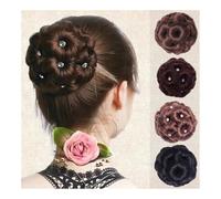 Fake hair Wig Nine Flowers Curler Women's Ball Head Wig Ring Bridal Cheongsam Style Headwear Hair Bag Clamp Flower Bud Hair buns hair piece(Light brown)