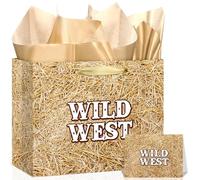Fake Hay Bales Wild West Gift Bag with Card & Tan Wrapping Papers,Straw Yeehaw Happy Trails Western Gift Bag for Rodeo,Cowgirl Cowboy Birthday,Western-themed Wedding,Country Farm Party Goodie TreatBag