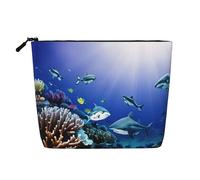 Fake Hemp Makeup Bag Single Layer Shark Swimming Under The Sea Print Zipper Makeup Bag Accessories for Women Black One Size Black One Size, Black/White, One Size