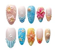 Fake Manicure Tips Coastal Press-on Set, Glossy ABS Fingertip Covers with 3D Floral Decor and Pearl-Like for Travel Photos Artificial Manicure Tips Decorative Fingertip Covers Pearl Accent