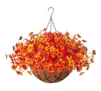 Fake Mums Artificial Fall Flowers with Hanging Baskets Outdoors for Decoration Faux mums for outdoor planters Daisy Flower with Eucalyptus Leaves for Porch Home Patio Balcony and Yard Autumn Decor