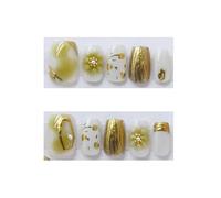 Fake Nails 10Pcs Falling Snow Plum Blossoms With Pearls Cat's Eyes Press On Nails Detachable Handmade Cute Trend Fake Art Nail Patch(Gold-S)
