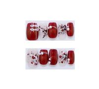 Fake Nails 10Pcs Falling Snow Plum Blossoms With Pearls Cat's Eyes Press On Nails Detachable Handmade Cute Trend Fake Art Nail Patch(Red-S)