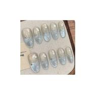 Fake Nails 10pcs Shiny Blue Cat's Eye Handmade False Nails Romantic Star Meteor Designs Press On Almond Tips Fake Nail(Color-2-L)