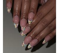 Fake Nails, 24pcs Flash Drill Pearl False Nails with Glue,3D Medium Almond Shape Glossy False Artificial, Long Lasting Manicure Art Decoration Home DIY Comfortable Fit