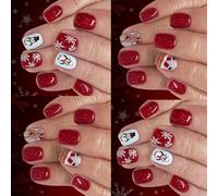 Fake Nails Christmas Red Glitters Snowman Snowflake Short Square Press On Nails 48Pcs French Design Festive Party Wear Christmas Red Glitters Press On Nail Snowman Snowflake Design