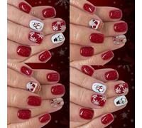 Fake Nails Christmas Red Glitters Snowman Snowflake Short Square Press On Nails 48Pcs French Design Festive Party Wear Short Square Fake Nail Shines Glossy French Tip