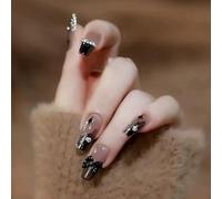 Fake Nails,Direct Wear, Press On Nail Art Set, Simple Style With Adhesive Fake Nails,Sparkling Gradient,With Crystal Luster,Set Comes With Fixed Jelly Glue(Black No.1)