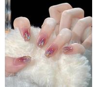 Fake Nails, Direct Wear, Press On Nail Art Set, Simple Style With Adhesive Fake Nails, Sparkling Gradient, With Crystal Luster, Set Comes With Fixed Jelly Glue(Pink No.3)