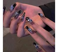 Fake Nails,Direct Wear, Press On Nail Art Set, Simple Style With Adhesive Fake Nails,Sparkling Gradient,With Crystal Luster,Set Comes With Fixed Jelly Glue(Black No.3)