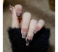 Fake Nails,Direct Wear, Press On Nail Art Set, Simple Style With Adhesive Fake Nails,Sparkling Gradient,With Crystal Luster,Set Comes With Fixed Jelly Glue(Black No.2)