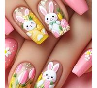 Fake Nails Easter Designs Glues on Artificial Acrylic 24pcs Stick on for Women Acrylic Glues on for Women Clear