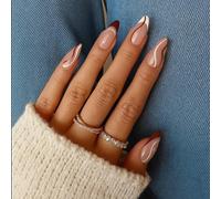 Fake Nails Short Almond French Manicure Elegant Touch - Medium Almond 3D Nails Set with Mocha Swirl Design for Women, 12 Sizes Quick Application Press On Acrylic Tips Matte Glitter Autumn Handmade