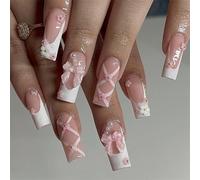 Fake nails,stick on nails,french tip false nails,Nail Tips, False Nails, Tips Art, Press on Nails Square False Nails with Glue Wearable Red Long Coffin Fake Nails Rhinestone Design Ballet Full Cover P