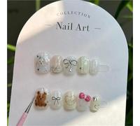 Fake Nails Summer Sweetheart Handmade Nail Bright Glitter Cute Short Fake Nails Bowknot Love Bear Lace Edge Sweet Sexy Press On(Color-1-M)